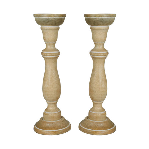 Tuli Mango Wood Pillar Candleholders in Rustic White by Mela Artisans — Set of 2, 15 in