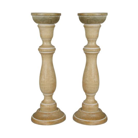 Tuli Mango Wood Pillar Candleholders in Rustic White by Mela Artisans — Set of 2, 15 in