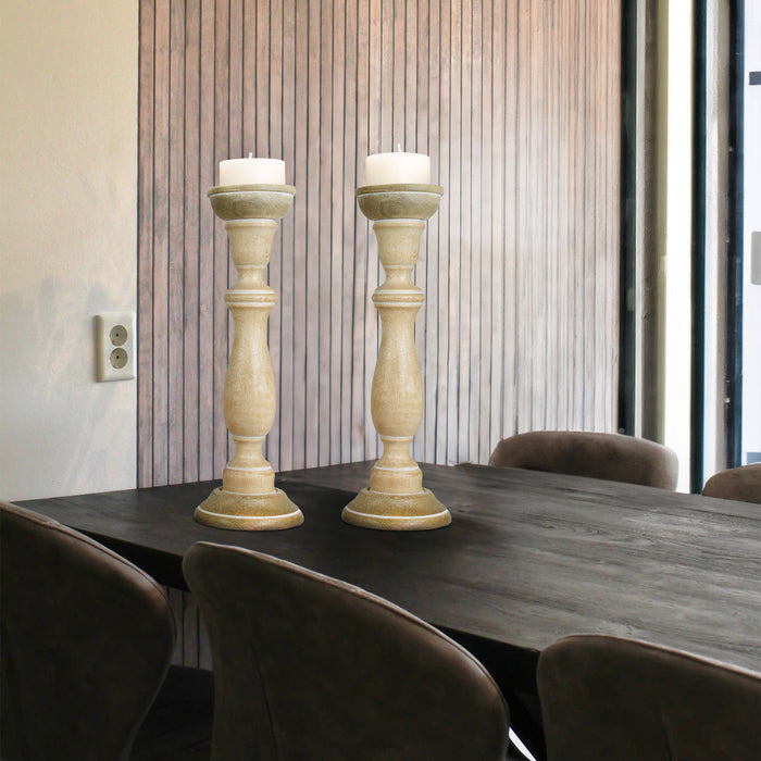 Tuli Mango Wood Pillar Candleholders in Rustic White by Mela Artisans — Set of 2, 15 in