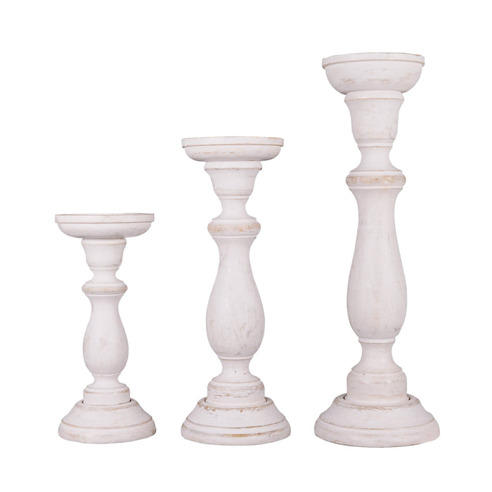 Tuli Mango Wood Pillar Candleholders in Shabby White by Mela Artisans — Set of 3, 9–15 in