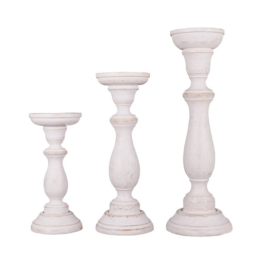 Tuli Mango Wood Pillar Candleholders in Shabby White by Mela Artisans — Set of 3, 9–15 in