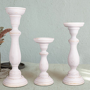 Tuli Mango Wood Pillar Candleholders in Shabby White by Mela Artisans — Set of 3, 9–15 in