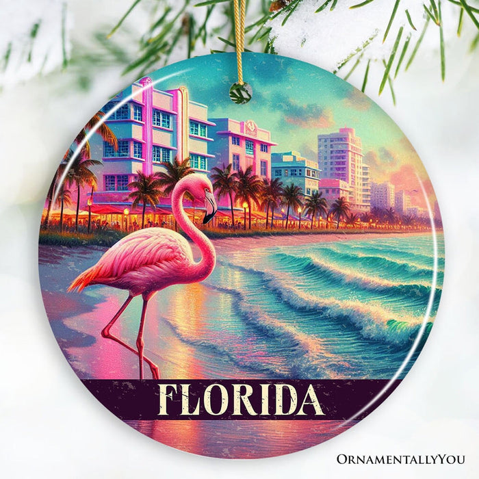 Vibrant Florida Flamingo Art Deco Ornament, Miami Beach Souvenir and Coastal Christmas Gift Ceramic Ornament OrnamentallyYou Circle