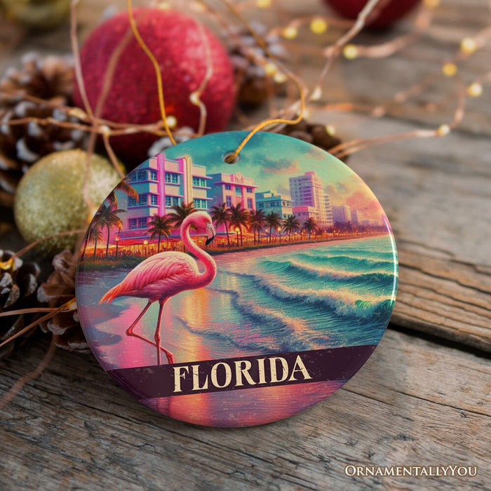 Vibrant Florida Flamingo Art Deco Ornament, Miami Beach Souvenir and Coastal Christmas Gift Ceramic Ornament OrnamentallyYou