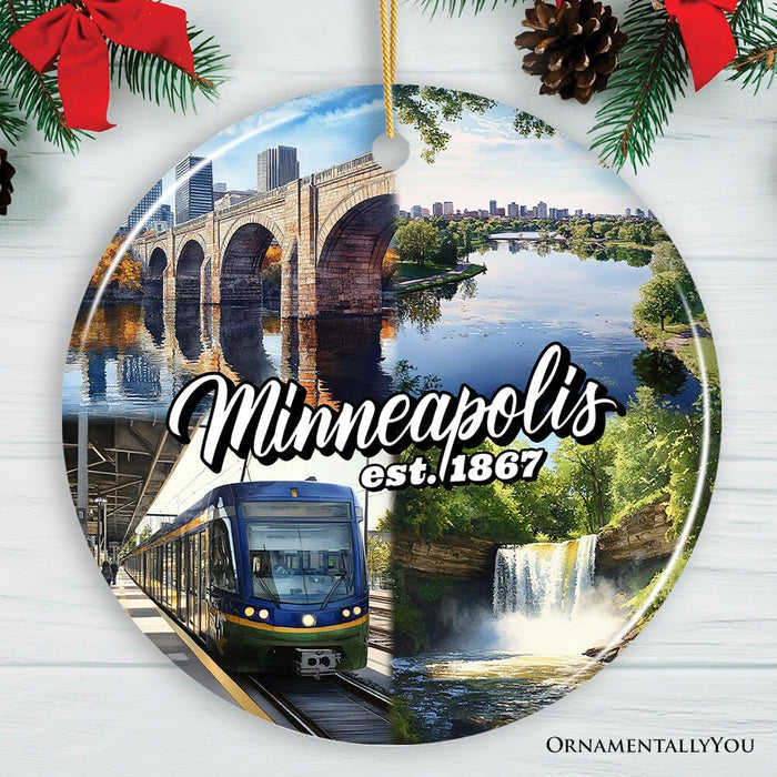 Vibrant Minneapolis Cultural Ornament, Minnesota Twin Cities Urban Heritage Christmas Souvenir Ceramic Ornament OrnamentallyYou Circle Version 1