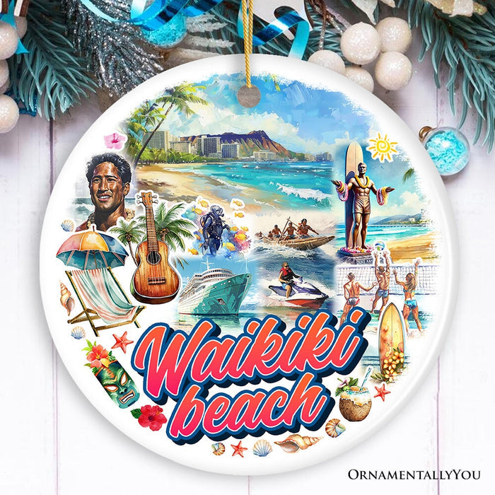 Waikiki Beach Hawaiian Paradise Ornament, Pacific Island Cultural Christmas Gift and Souvenir Ceramic Ornament OrnamentallyYou Circle