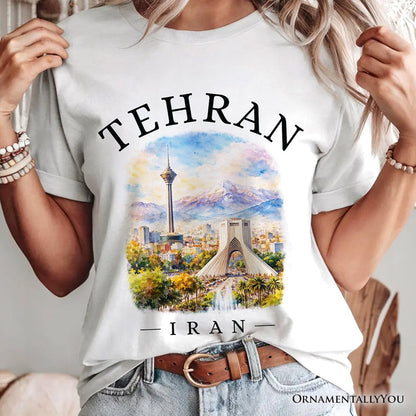 Watercolor Tehran Cityscape T-Shirt, Iran Landmarks Azadi and Milad Tower Tee T-Shirts OrnamentallyYou