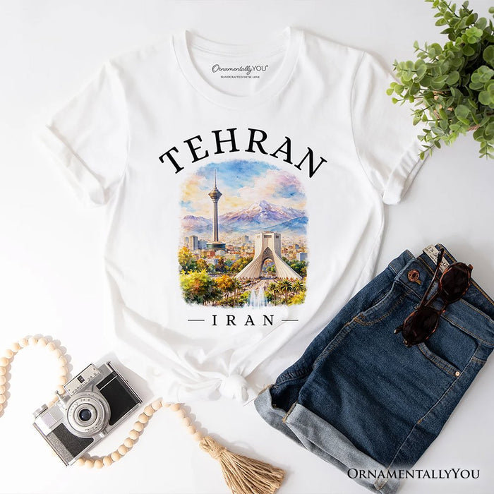 Watercolor Tehran Cityscape T-Shirt, Iran Landmarks Azadi and Milad Tower Tee T-Shirts OrnamentallyYou White XS