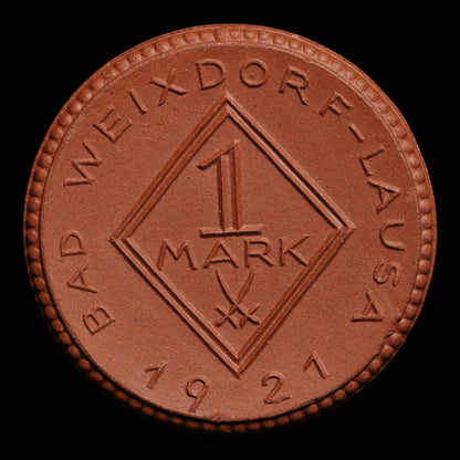Weimar Germany, Bad Weixdorf-Lausa, 1 Mark, Porcelain Notgeld - 1921 - Germany
