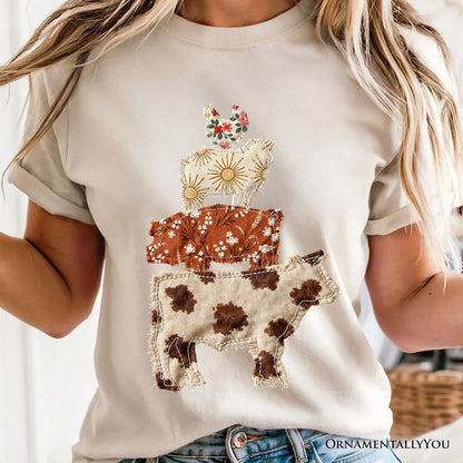 Western Farm Animals Printed Faux Patchwork T-Shirt, Country Cow Pig Sheep Hen Tee T-Shirts OrnamentallyYou