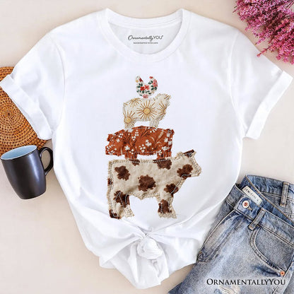 Western Farm Animals Printed Faux Patchwork T-Shirt, Country Cow Pig Sheep Hen Tee T-Shirts OrnamentallyYou White XS