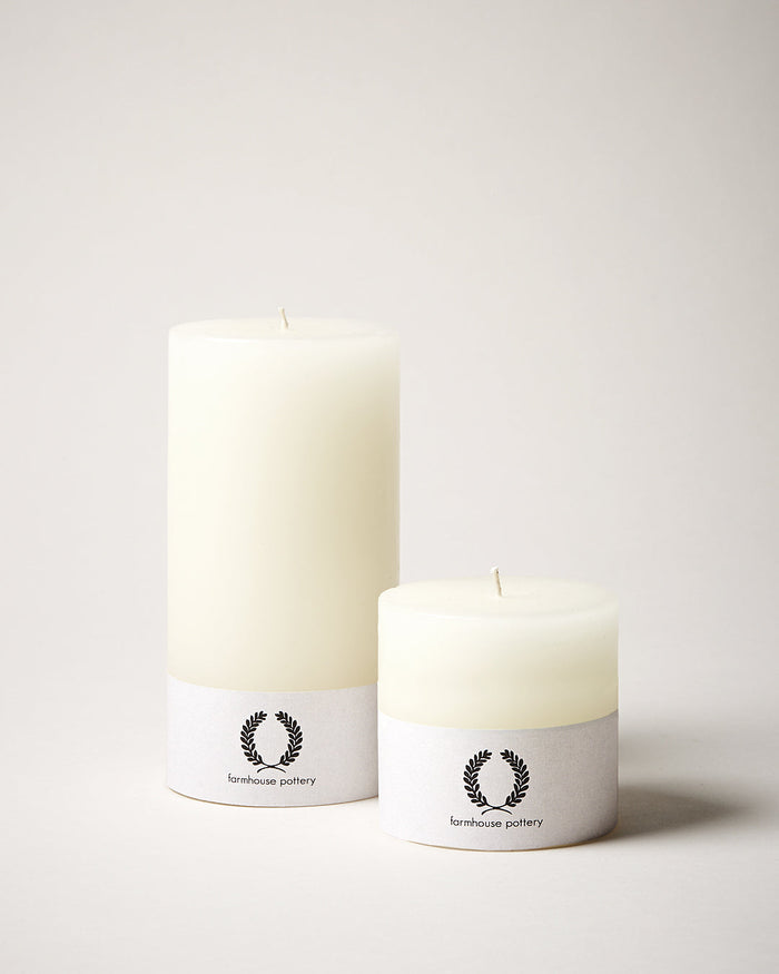 White Pillar Candle — two white pillar candle heights; Farmhouse Pottery
