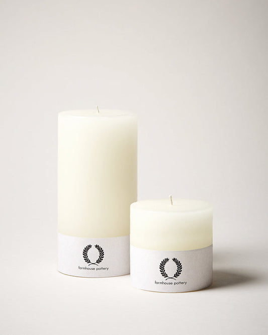 White Pillar Candle — two white pillar candle heights; Farmhouse Pottery