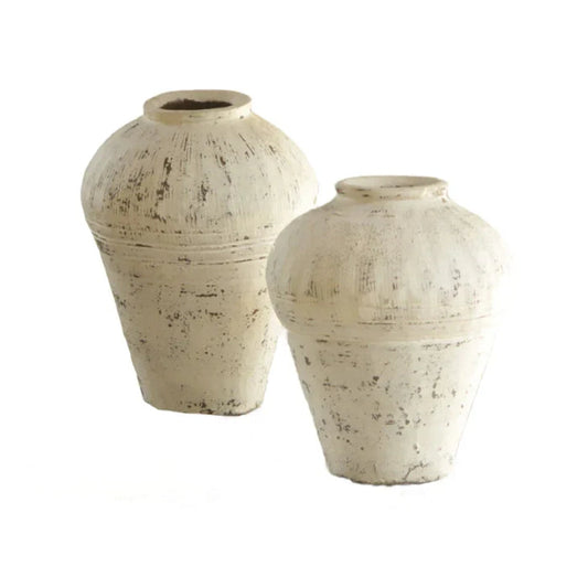 Whitewashed Clay Decorative Jar — two different-sized whitewashed jars pictured together; Canggu Home