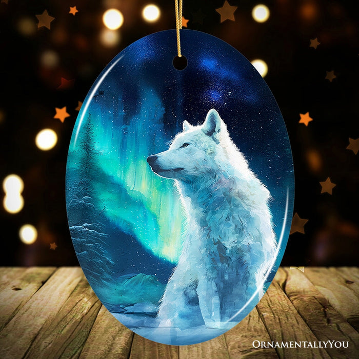 Wild Aurora White Wolf Ceramic Ornament, Northern Lights Arctic Wolf Gift and Tree Decor Ceramic Ornament OrnamentallyYou Version 1