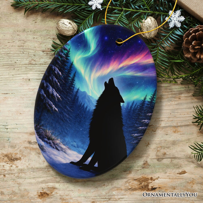 Wild Aurora White Wolf Ceramic Ornament, Northern Lights Arctic Wolf Gift and Tree Decor Ceramic Ornament OrnamentallyYou Version 2