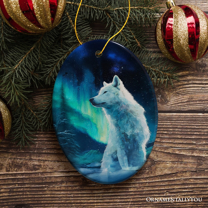 Wild Aurora White Wolf Ceramic Ornament, Northern Lights Arctic Wolf Gift and Tree Decor Ceramic Ornament OrnamentallyYou