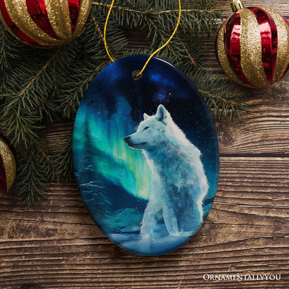 Wild Aurora White Wolf Ceramic Ornament, Northern Lights Arctic Wolf Gift and Tree Decor Ceramic Ornament OrnamentallyYou
