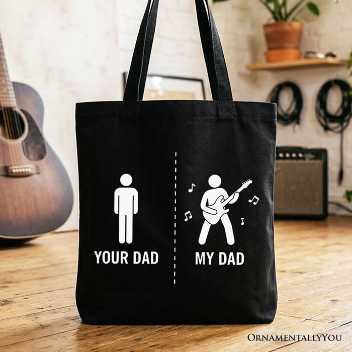 Your Dad Vs My Cool Dad Tote Bag, Funny Bass Guitar Rock Father's Day Gift Shopper Tote Bag OrnamentallyYou Black
