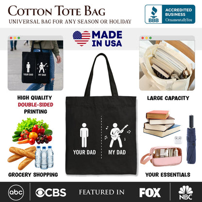 Your Dad Vs My Cool Dad Tote Bag, Funny Bass Guitar Rock Father's Day Gift Shopper Tote Bag OrnamentallyYou
