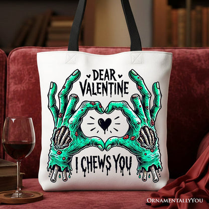 Zombie Valentine Hands I Chews You Canvas Tote Bag, Funny Bag for Horror Spring Season Tote Bag OrnamentallyYou Black Handle