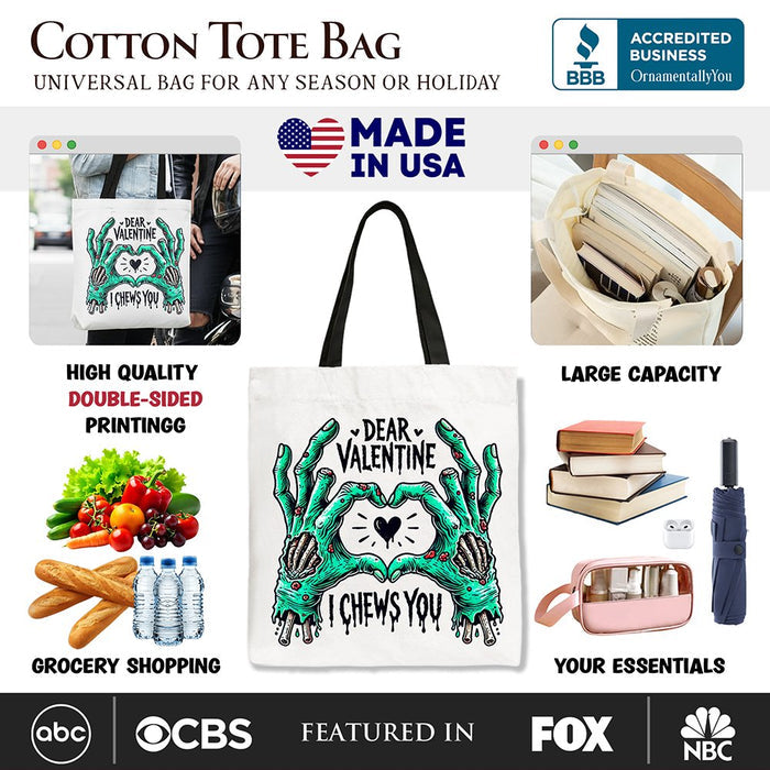 Zombie Valentine Hands I Chews You Canvas Tote Bag, Funny Bag for Horror Spring Season Tote Bag OrnamentallyYou