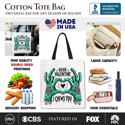Zombie Valentine Hands I Chews You Canvas Tote Bag, Funny Bag for Horror Spring Season Tote Bag OrnamentallyYou