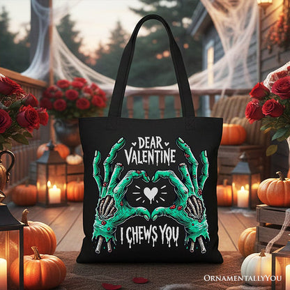 Zombie Valentine Hands I Chews You Canvas Tote Bag, Funny Bag for Horror Spring Season Tote Bag OrnamentallyYou Black