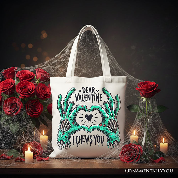 Zombie Valentine Hands I Chews You Canvas Tote Bag, Funny Bag for Horror Spring Season Tote Bag OrnamentallyYou White