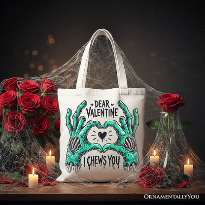 Zombie Valentine Hands I Chews You Canvas Tote Bag, Funny Bag for Horror Spring Season Tote Bag OrnamentallyYou White