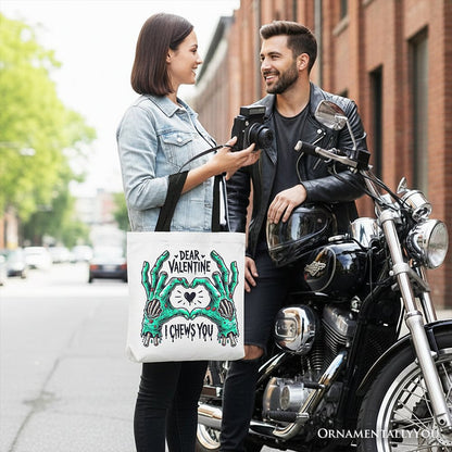 Zombie Valentine Hands I Chews You Canvas Tote Bag, Funny Bag for Horror Spring Season Tote Bag OrnamentallyYou